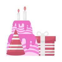 birthday cake, hat birthday  with gift box illustration vector