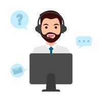 call center work in front computer with answer customer questions illustration vector