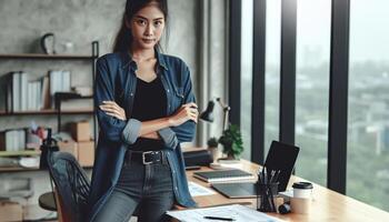 AI generated Designer working woman standing looking at camera wearing jeans, working woman working in modern office photo