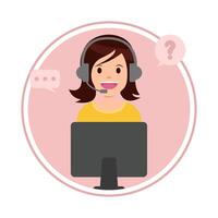 call center work in front computer with answer customer questions illustration vector