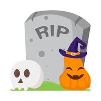 pumpkin halloween witch with skull in tombstone illustration vector