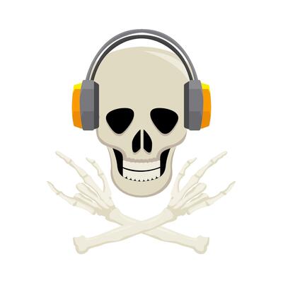 headphone in skull with bone illustration