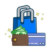 shopping bag, money in wallet with debit card illustration vector