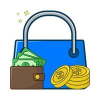 shopping bag, money in wallet with money coin illustration vector