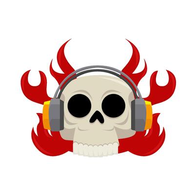 headphone in skull with fire illustration