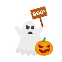 ghost fl, boo text in board with pumpkin halloween illustration vector