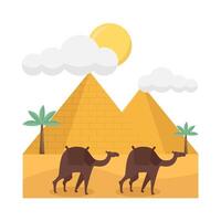 pyramid, sun summer, palm tree with camel illustration vector