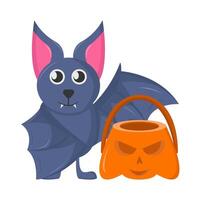bucket pumpkin with bat illustration vector