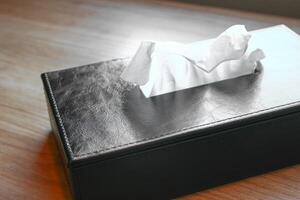 Crumpled napkin in a black leather case on a wooden table photo