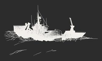 un Embarcacion navegando el mar, retratado en un negro y blanco vector ilustración.