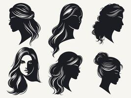conjunto de vector ilustraciones de hermosa mujer con diferente peinados en negro y blanco.