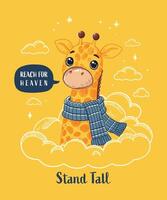 Cute cartoon giraffe with scarf and clouds. Vector illustration.