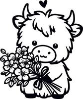 Highland Cow Holding Flowers vector