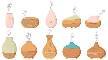 Electric aroma diffusers of different designs. Healthy lifestyle, self care. Relax time, aromatherapy. Modern hand drawn style. Big set of cute items. vector