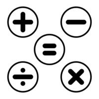 Calculator key icon vector on circle line. Addition, subtraction, division, multiplication, and equality symbol