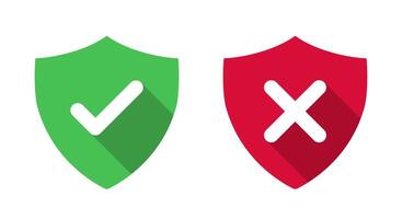 Shield with checkmark and x cross mark icon vector. Safety and danger sign symbol with long shadow vector