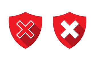 Red shield with x cross mark icon vector with long shadow. No protection sign symbol