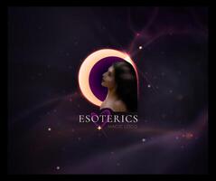 Esoteric magic logo. Illustration of a beautiful woman closed with eyes and the moon. Vector illustration of sacred  logo on space background. Design element.