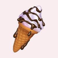 Ice cream in a waffle cone with chocolate on a light background, vector illustration. Realistic 3d symbol design. Eps 10