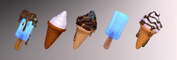 3d set of ice cream in waffle cones and stick with chocolate and vanilla. Vector eps 10