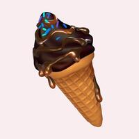 Chocolate ice cream in a waffle cone with salted caramel. Vector illustration on a light background. Realistic 3d symbol design. Eps 10