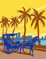 kalesa a lo largo paseo por la bahía tira en Manila bahía Filipinas Arte deco wpa póster Arte vector