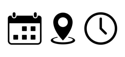 Date, address, and time icon vector. Calendar, location marker, and clock sign symbol vector