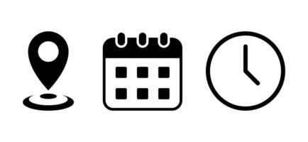 Location marker, calendar, and clock icon vector. Address, date, and time sign symbol vector