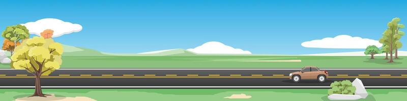 Travels of family car for banner. Asphalt road near the meadow with green mountain under clear sky. Trees and rocks in spring are spaced out at intervals. Copy Space Flat Vector. vector