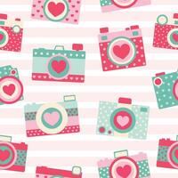 valentine cute pink red love heart photo camera hand drawn seamless pattern background wall paper vector iilustration