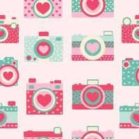 valentine cute pink red love heart photo camera hand drawn seamless pattern background wall paper  vector iilustration