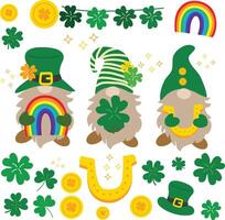 Clover leaf lucky Charms money with cute green gnomes hand drawn elements vector illustration