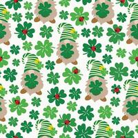 Lucky green clover leaves with gnomes hand drawn seamless pattern vector illustration