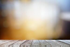 Old Grunge Wooden Table with Blurred Cafe Background, Suitable Product Presentation and Backdrop. photo