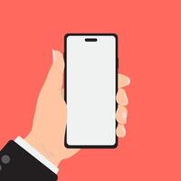 Hand holding smart phone on orange background. Flat design. vector