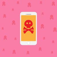 Malware notification on smartphone notice vector, flat mobile phone and skull bones bubble red alert, concept of spam data, fraud internet error message, insecure connection, online scam, virus. vector