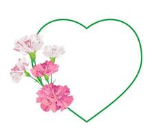 Heart shaped frame with spring flowers. Pink carnations for Mother's Day and Valentine's Day. Vector illustration. wedding template.