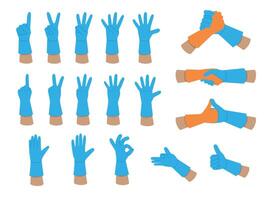 Hand gestures with numbers and OK , handshake. Vector hands in rubber gloves.