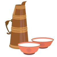 mongol té jarra y bol. té con Leche es tradicional para el nómada pueblos de Asia. cámping tetera hecho de cobre con un plegable manejar. vector ilustración.