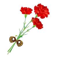 Red carnations isolated on a white background. A bouquet with a St. George ribbon to honor the fallen heroes. Vector clipart for greeting cards for Victory Day, May 9. Symbol of revolution and victory