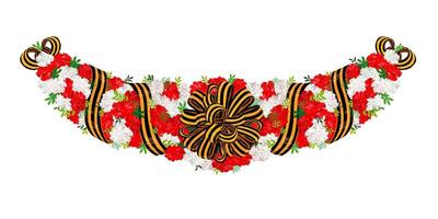 Garland of carnations and St. George ribbons. Victory Day. A traditional bouquet for laying at the grave of fallen soldiers. vector