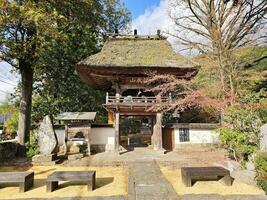 Yufuin, Japón noviembre 12, 2023 bussanji templo. sus templo portón es enorme y tiene un tejado de paja techo. eso es un punto de referencia de Yufuin. foto