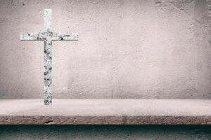 Christ Cross on Abstract Concrete Table with Old Ground Concrete Wall Texture Background, Suitable for Christian Religion Concept. photo