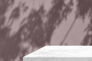 White Marble Table Corner with Light Beam, Shadow, and Spotlight on the Dark Blue Concrete Wall Background, Suitable for Product Presentation Backdrop, Display, and Mock up. photo