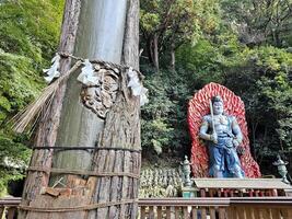 FUKUOKA, JAPAN NOVEMBER 14, 2023 Wooden sculpture of Kaminari god on truck that, struck by lightning at Nanzoin Temple where is landmark of Sasaguri, Fukuoka, Japan. photo