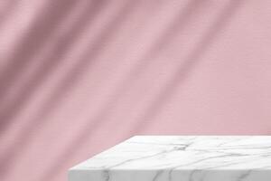 Minimal White Marble Table Corner with Shadow and Pink Light Beam on Concrete Wall Background, Suitable for Product Presentation Backdrop, Display, and Mock up. photo