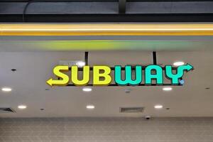 BANGKOK, THAILAND  NOVEMBER 10, 2023 Subway Sign, Subway is a American multi-national fast food restaurant franchise. It is founded in in 1965 by Fred DeLuca. photo
