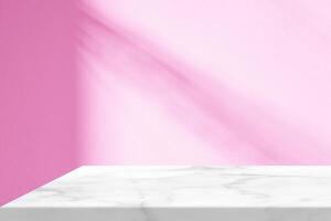 Minimal White Marble Table Corner with Shadow and Pink Light Beam on Concrete Wall Background, Suitable for Product Presentation Backdrop, Display, and Mock up. photo