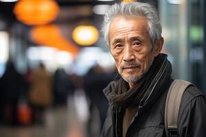 AI generated Portrait of a serious elderly Asian grey haired, slightly smiling man in a jacket and scarf on a blurred background photo