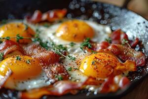 ai generado de cerca de delicioso frito huevos con tocino y hierbas en un fritura pan foto